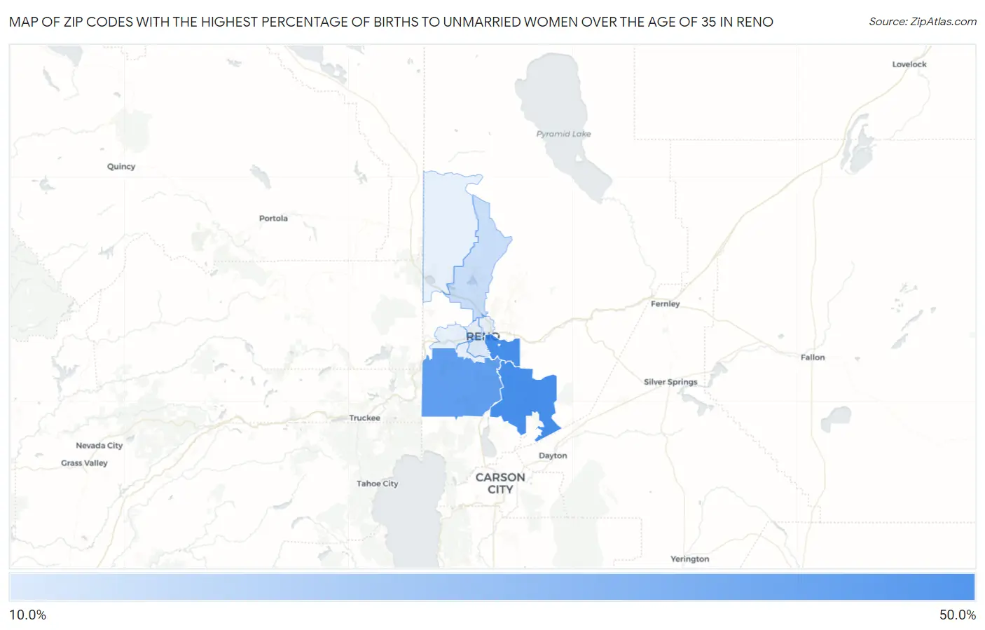 Zip Codes with the Highest Percentage of Births to Unmarried Women over the Age of 35 in Reno Map