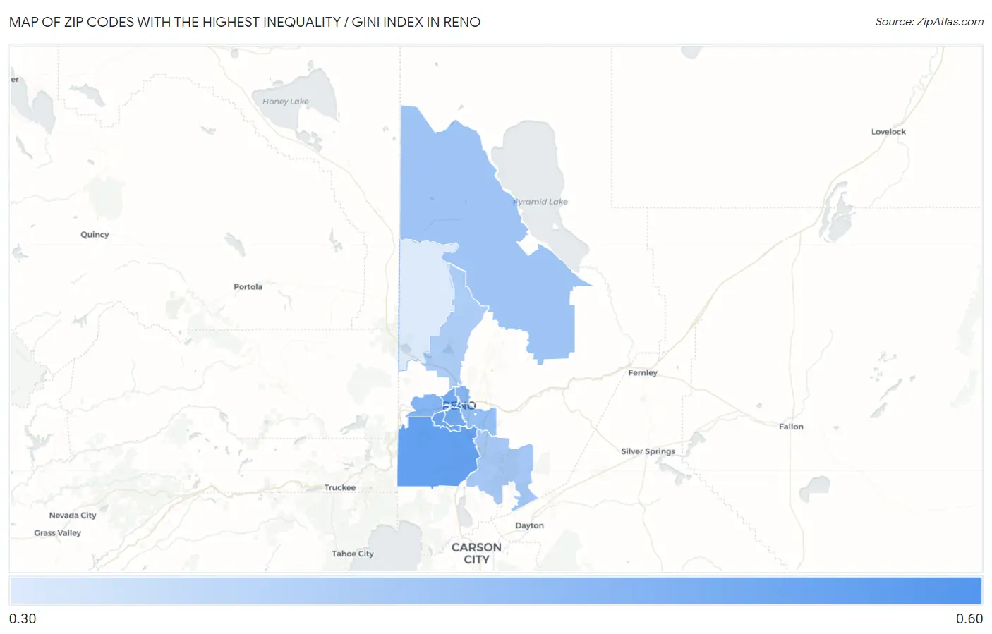 Zip Codes with the Highest Inequality / Gini Index in Reno Map