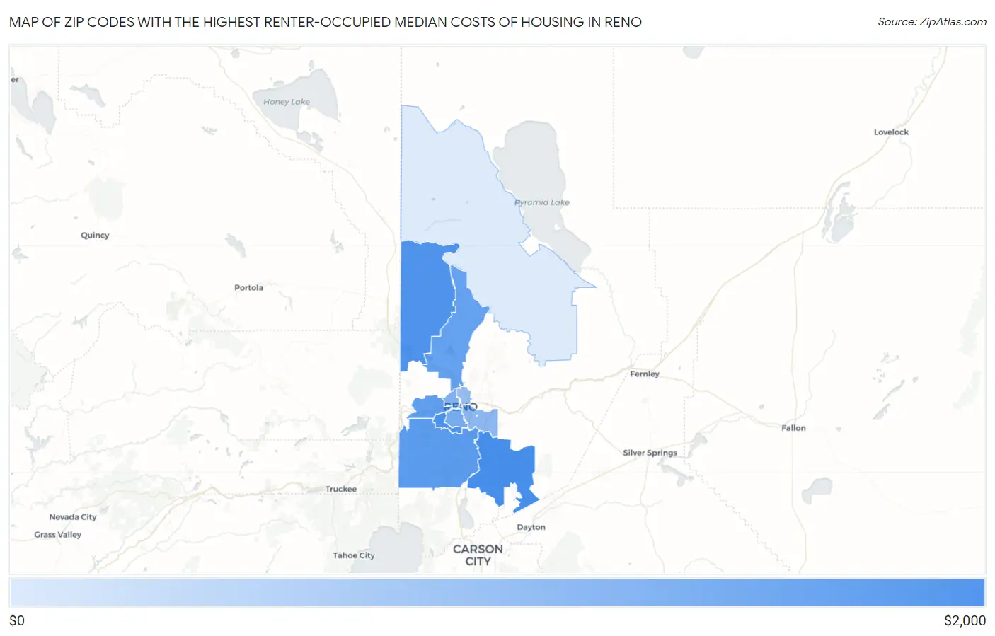Zip Codes with the Highest Renter-Occupied Median Costs of Housing in Reno Map