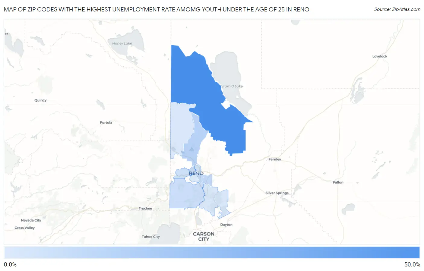 Zip Codes with the Highest Unemployment Rate Amomg Youth Under the Age of 25 in Reno Map