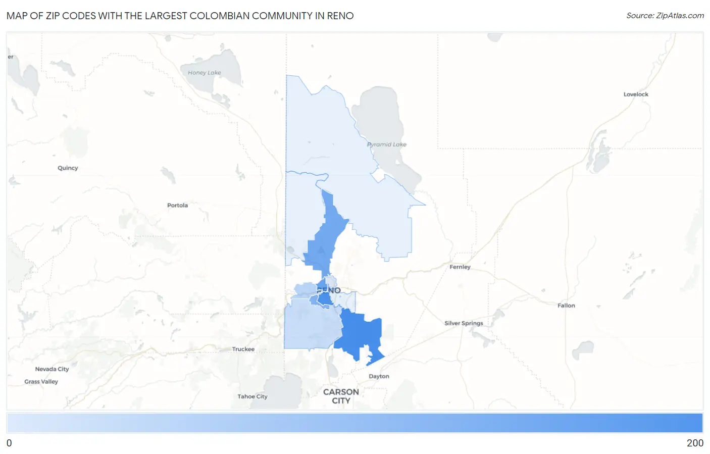 Zip Codes with the Largest Colombian Community in Reno Map
