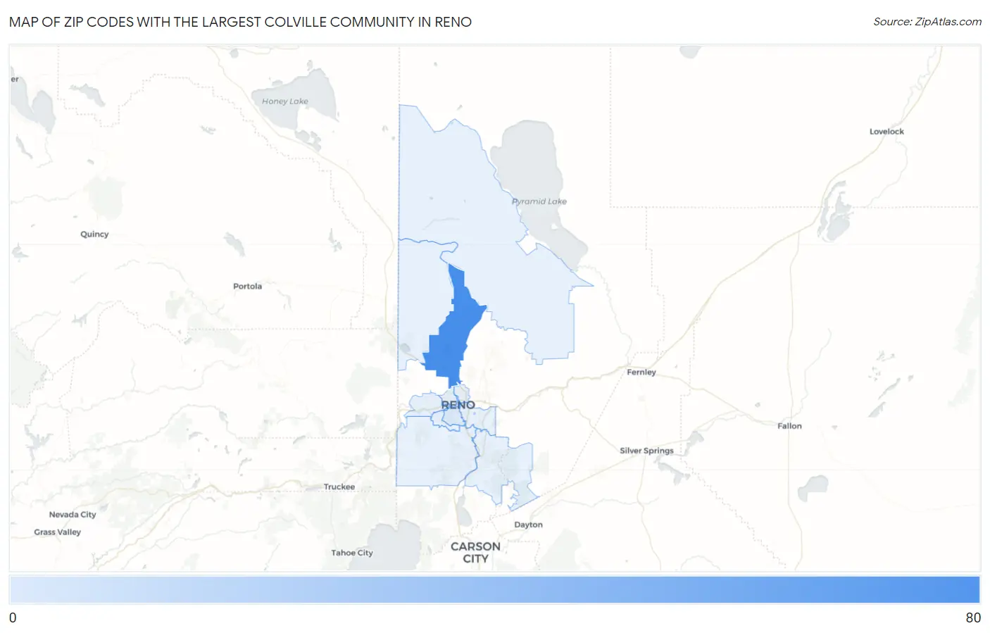 Zip Codes with the Largest Colville Community in Reno Map