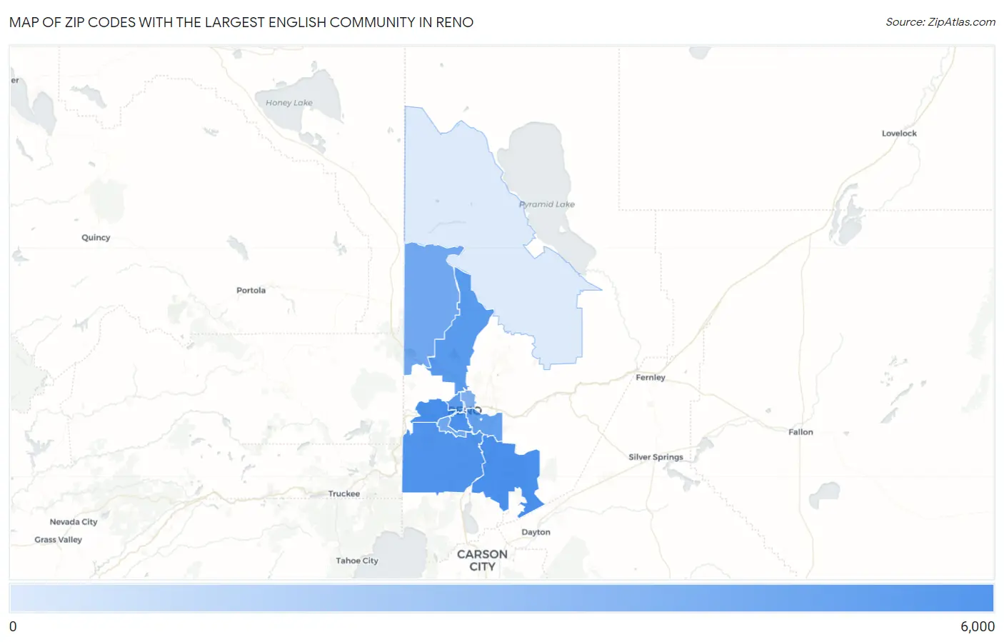 Zip Codes with the Largest English Community in Reno Map