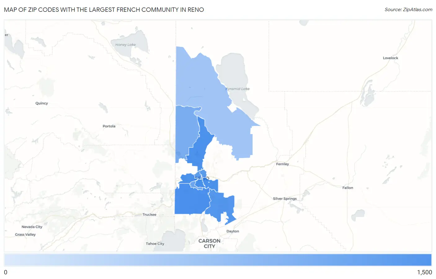 Zip Codes with the Largest French Community in Reno Map