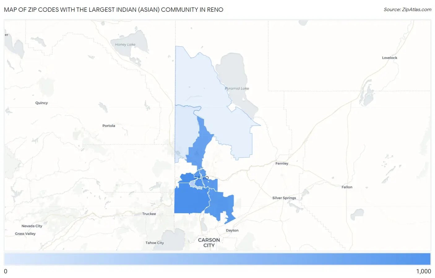 Zip Codes with the Largest Indian (Asian) Community in Reno Map