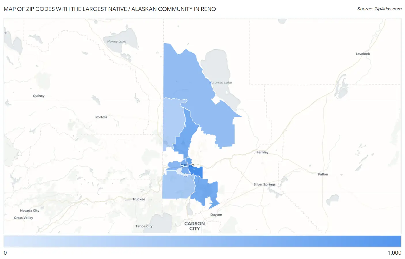 Zip Codes with the Largest Native / Alaskan Community in Reno Map