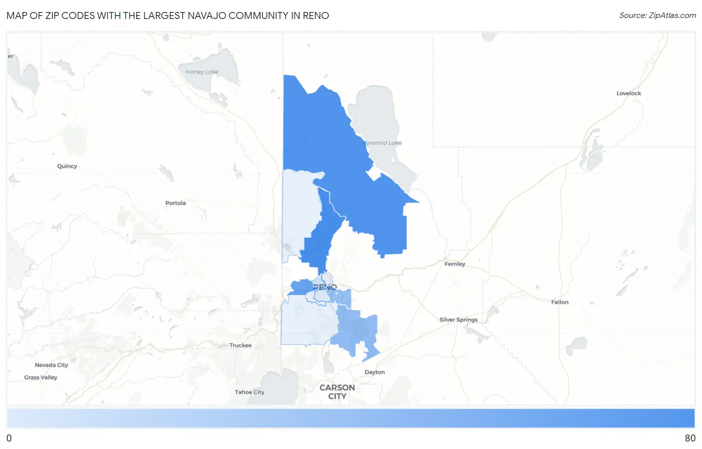 Zip Codes with the Largest Navajo Community in Reno Map