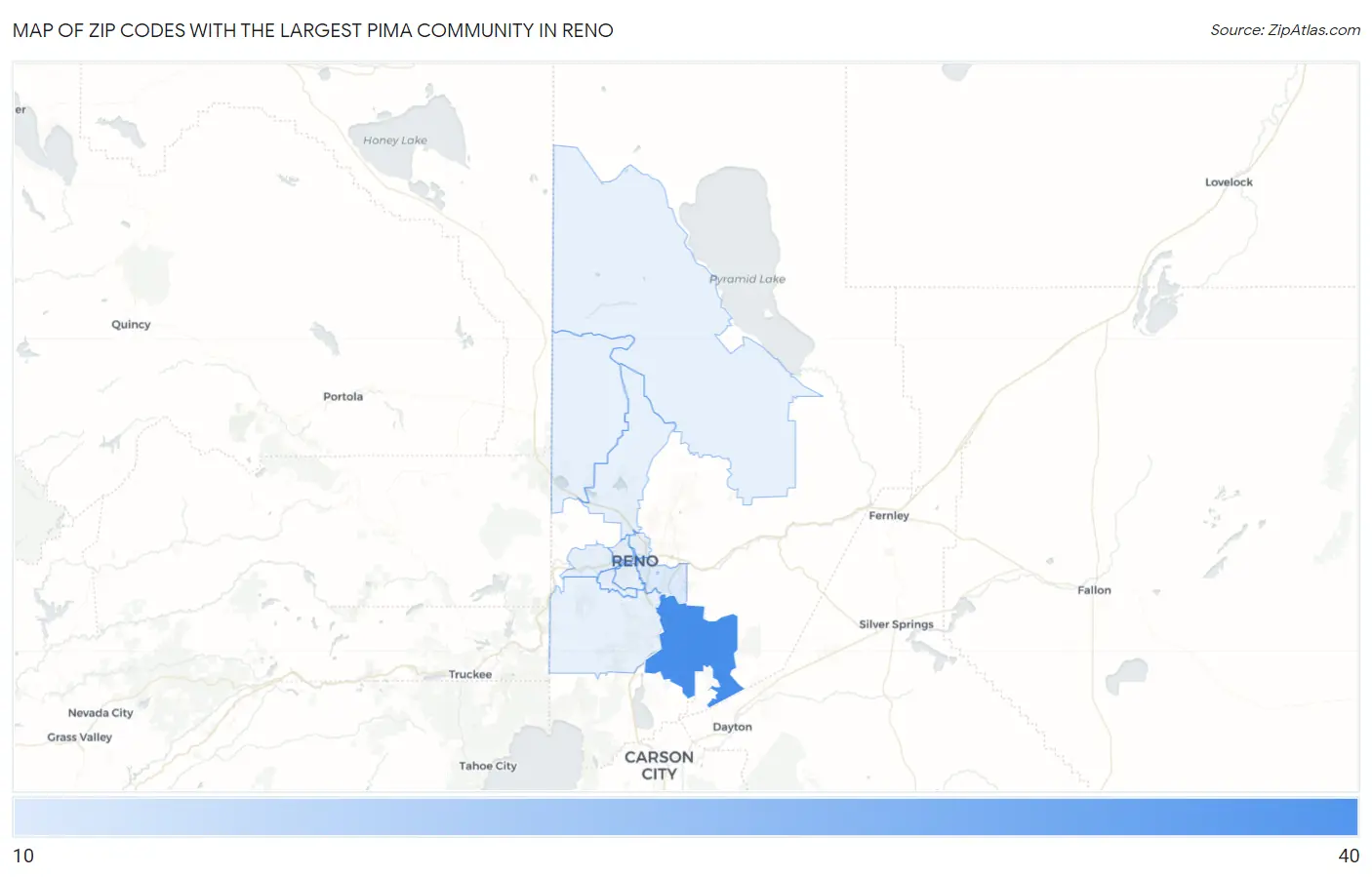 Zip Codes with the Largest Pima Community in Reno Map