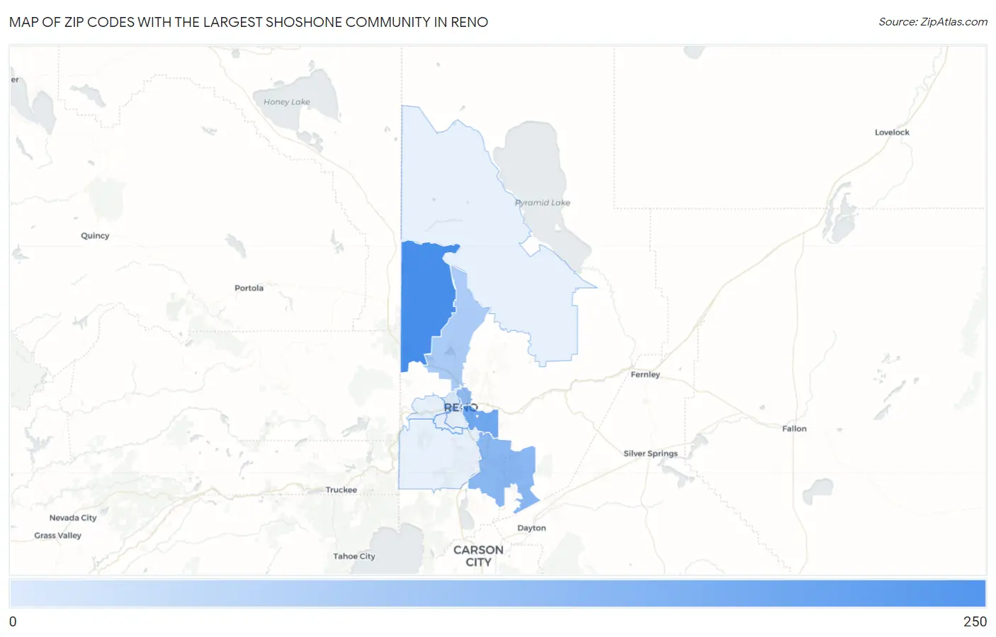 Zip Codes with the Largest Shoshone Community in Reno Map