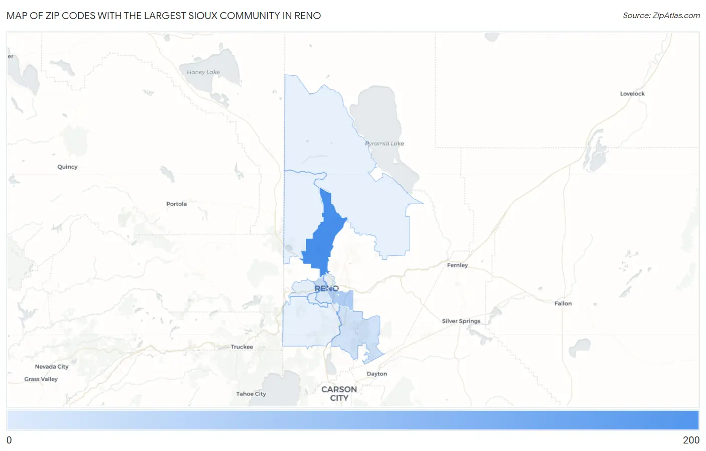 Zip Codes with the Largest Sioux Community in Reno Map