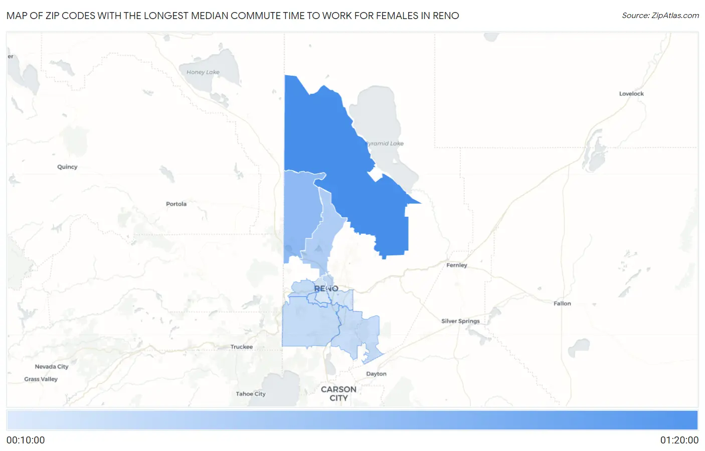 Zip Codes with the Longest Median Commute Time to Work for Females in Reno Map