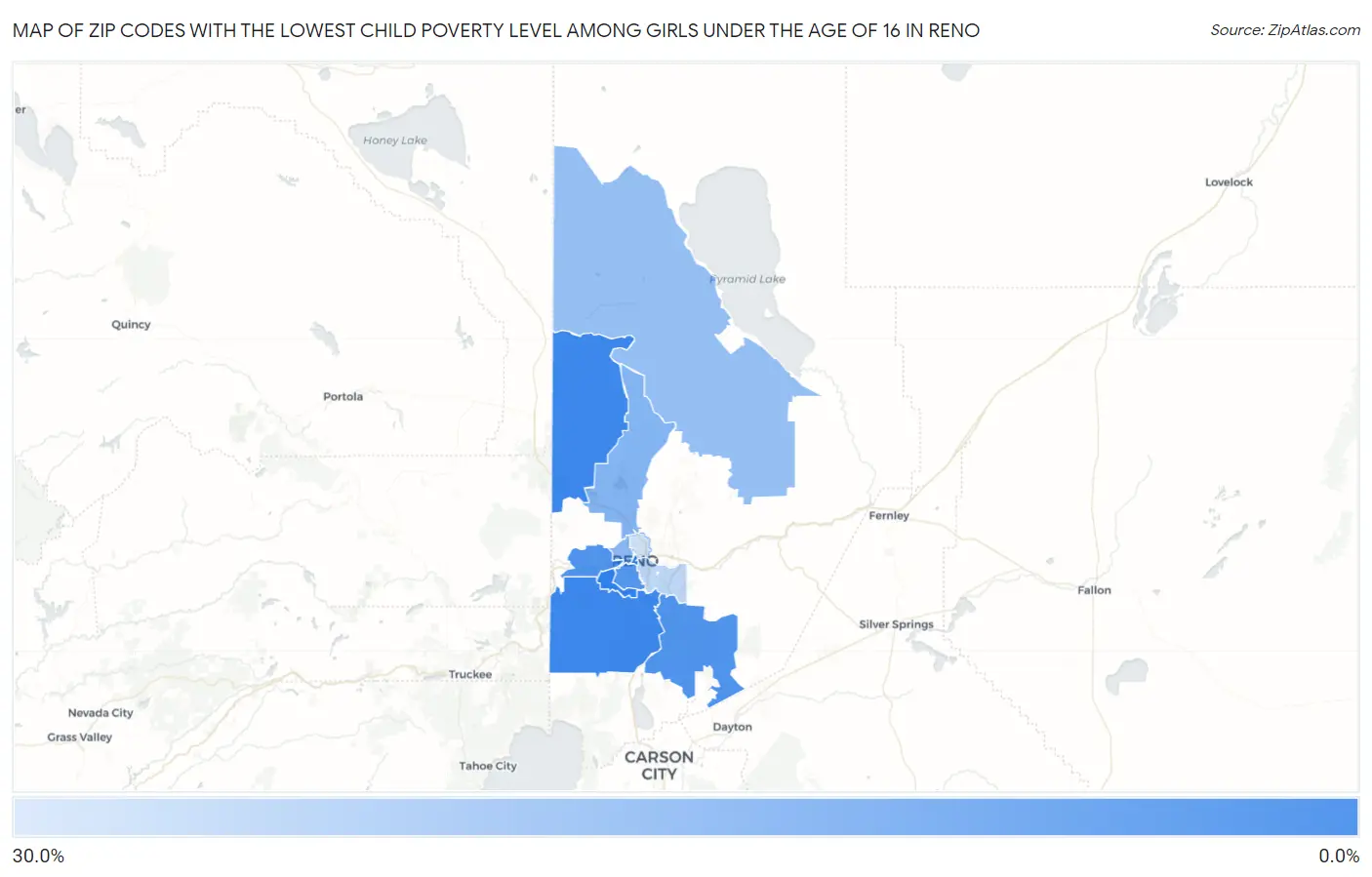 Zip Codes with the Lowest Child Poverty Level Among Girls Under the Age of 16 in Reno Map