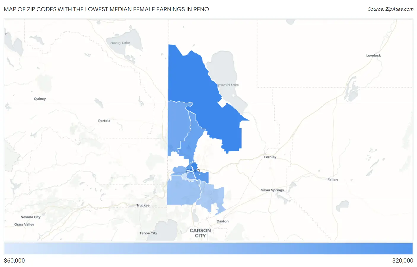 Zip Codes with the Lowest Median Female Earnings in Reno Map