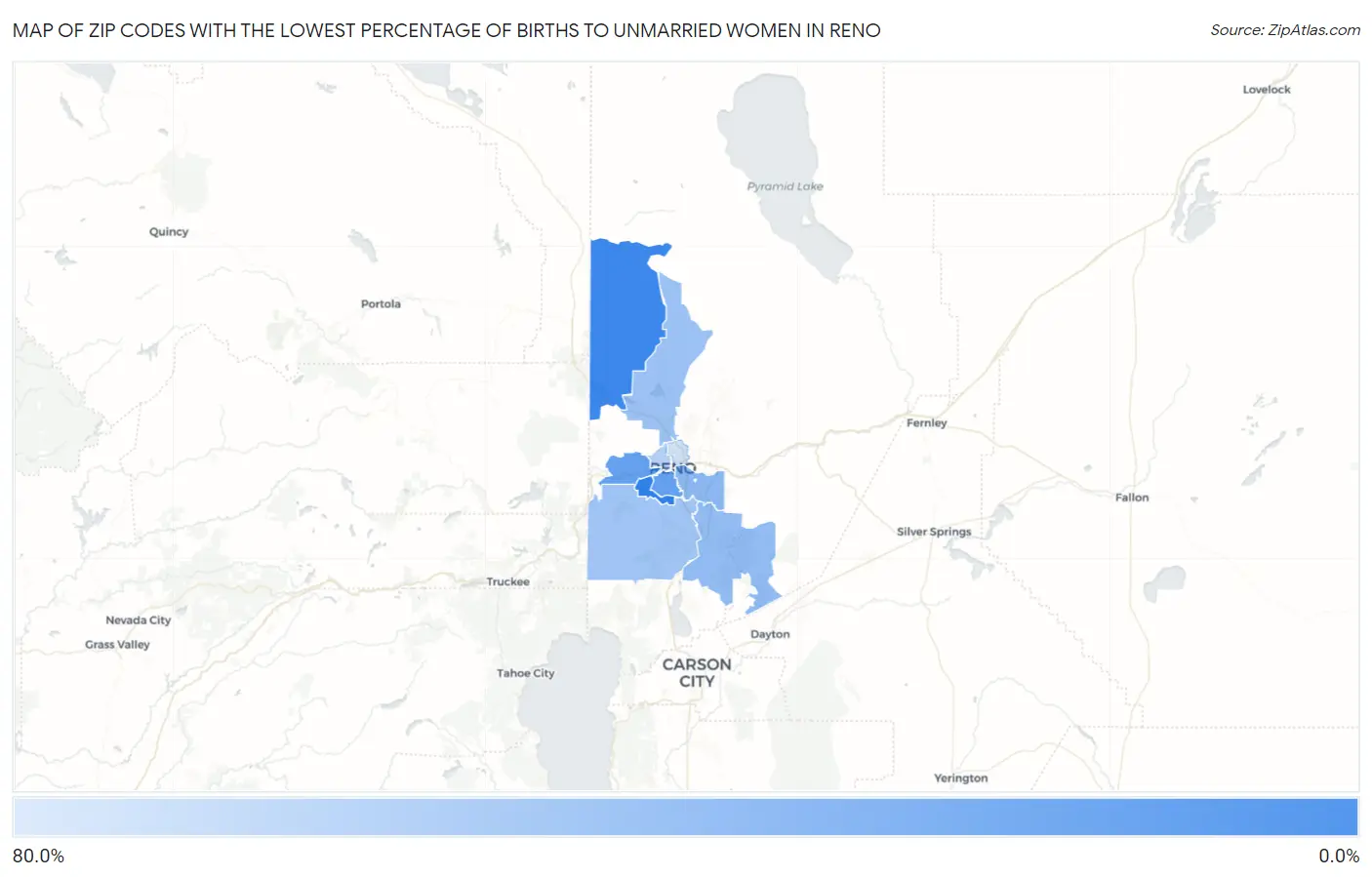 Zip Codes with the Lowest Percentage of Births to Unmarried Women in Reno Map