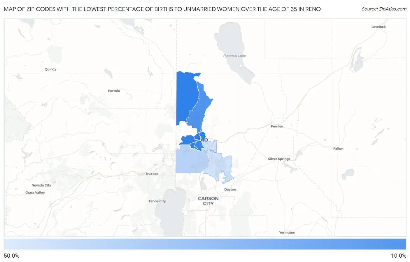 Zip Codes with the Lowest Percentage of Births to Unmarried Women over the Age of 35 in Reno Map
