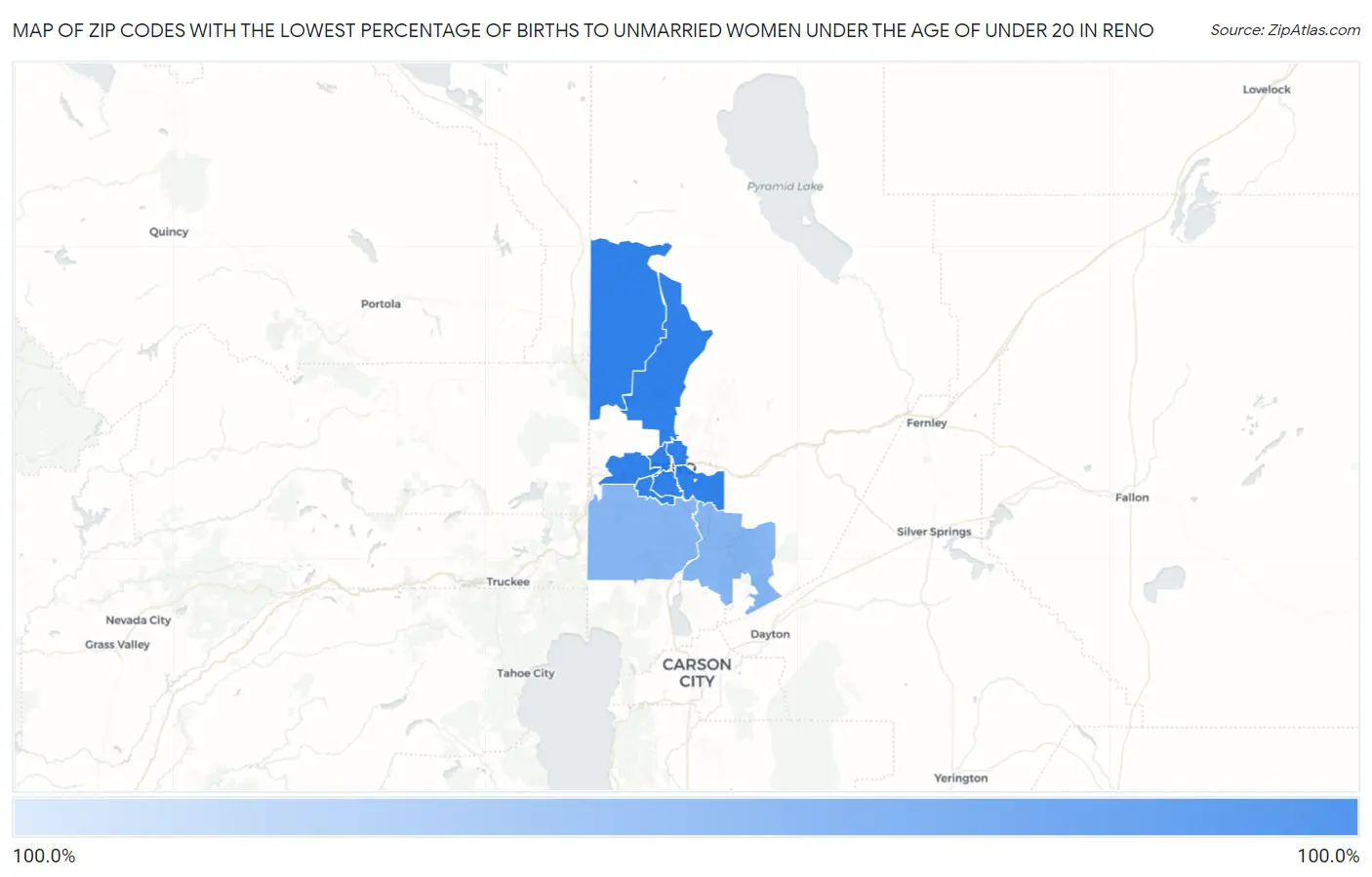 Zip Codes with the Lowest Percentage of Births to Unmarried Women under the Age of under 20 in Reno Map