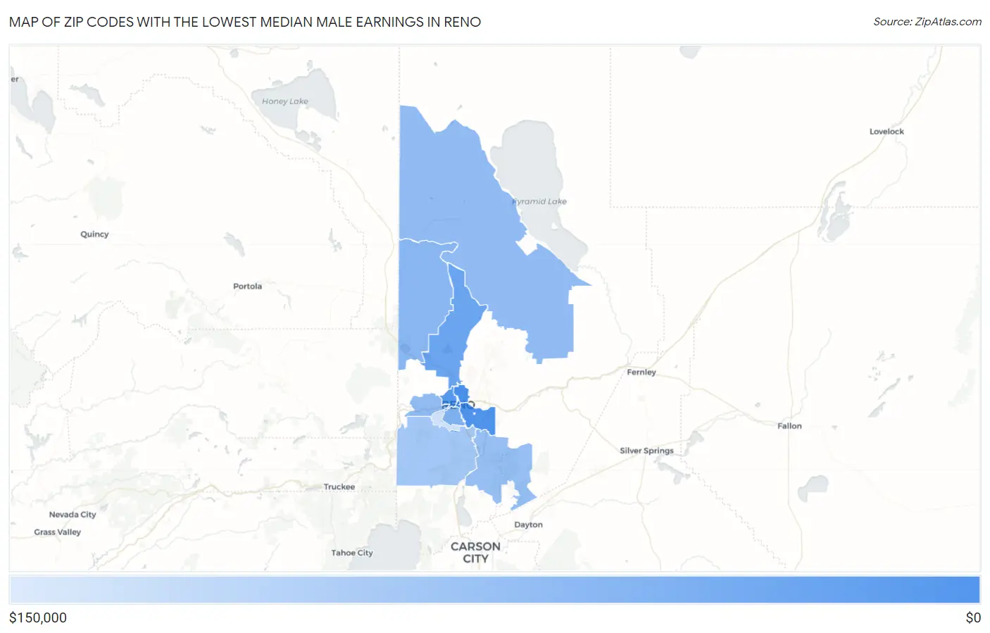 Zip Codes with the Lowest Median Male Earnings in Reno Map