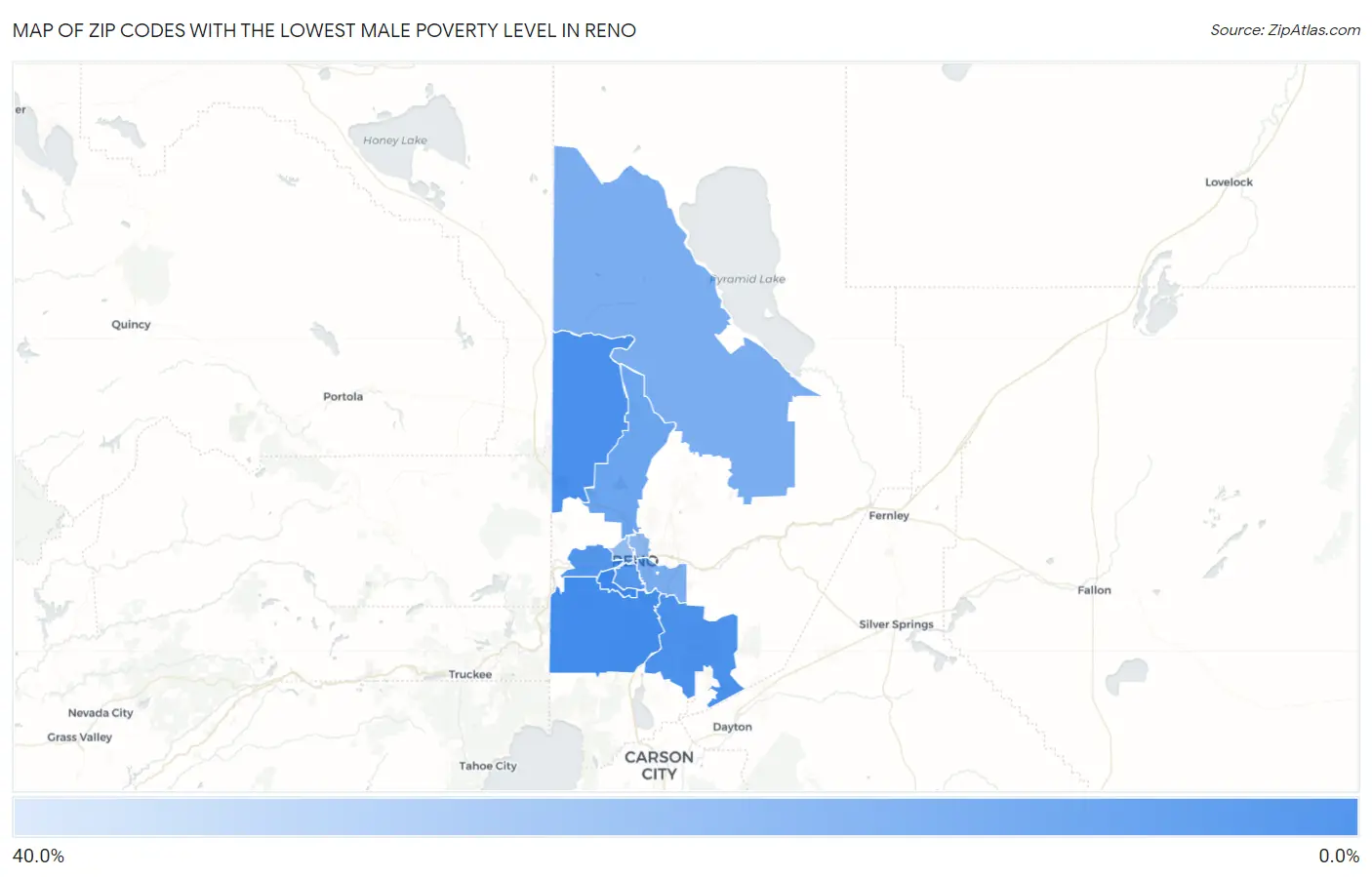 Zip Codes with the Lowest Male Poverty Level in Reno Map