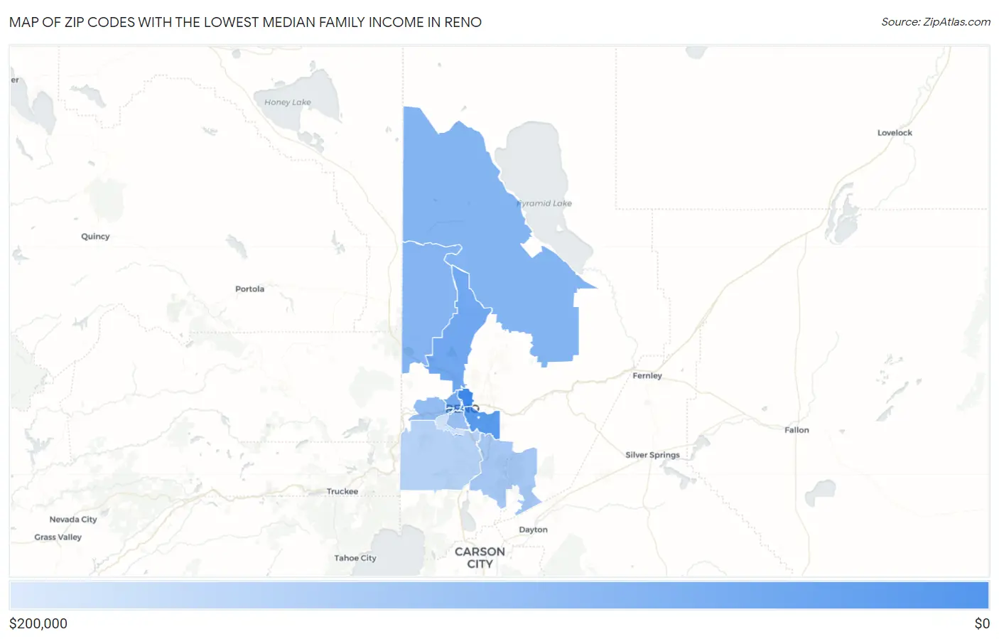 Zip Codes with the Lowest Median Family Income in Reno Map