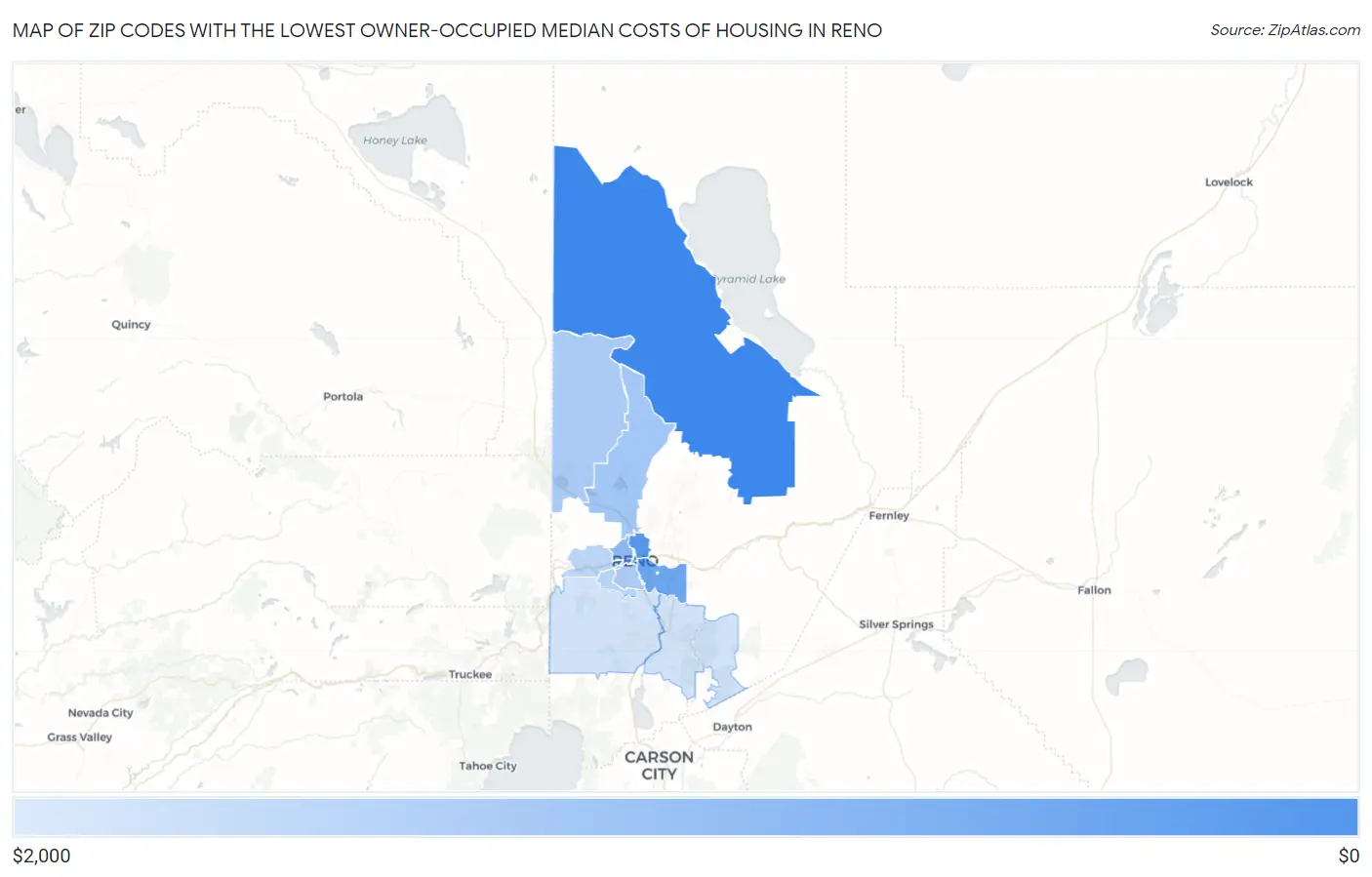 Zip Codes with the Lowest Owner-Occupied Median Costs of Housing in Reno Map