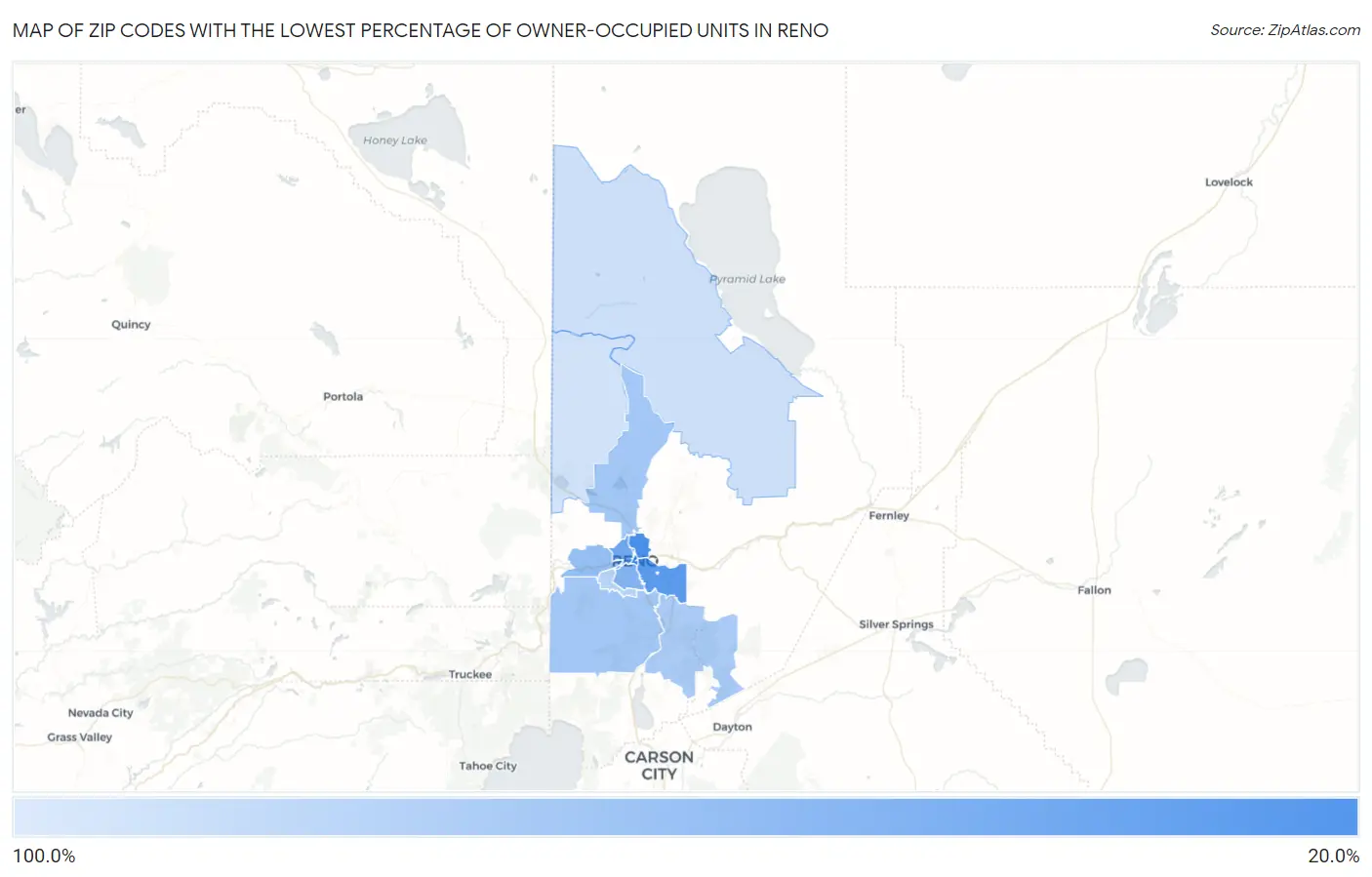 Zip Codes with the Lowest Percentage of Owner-Occupied Units in Reno Map