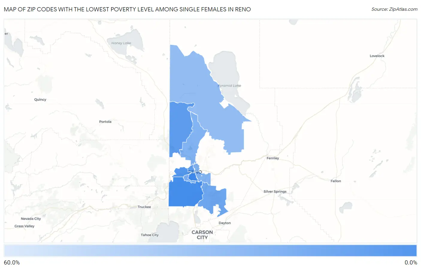 Zip Codes with the Lowest Poverty Level Among Single Females in Reno Map