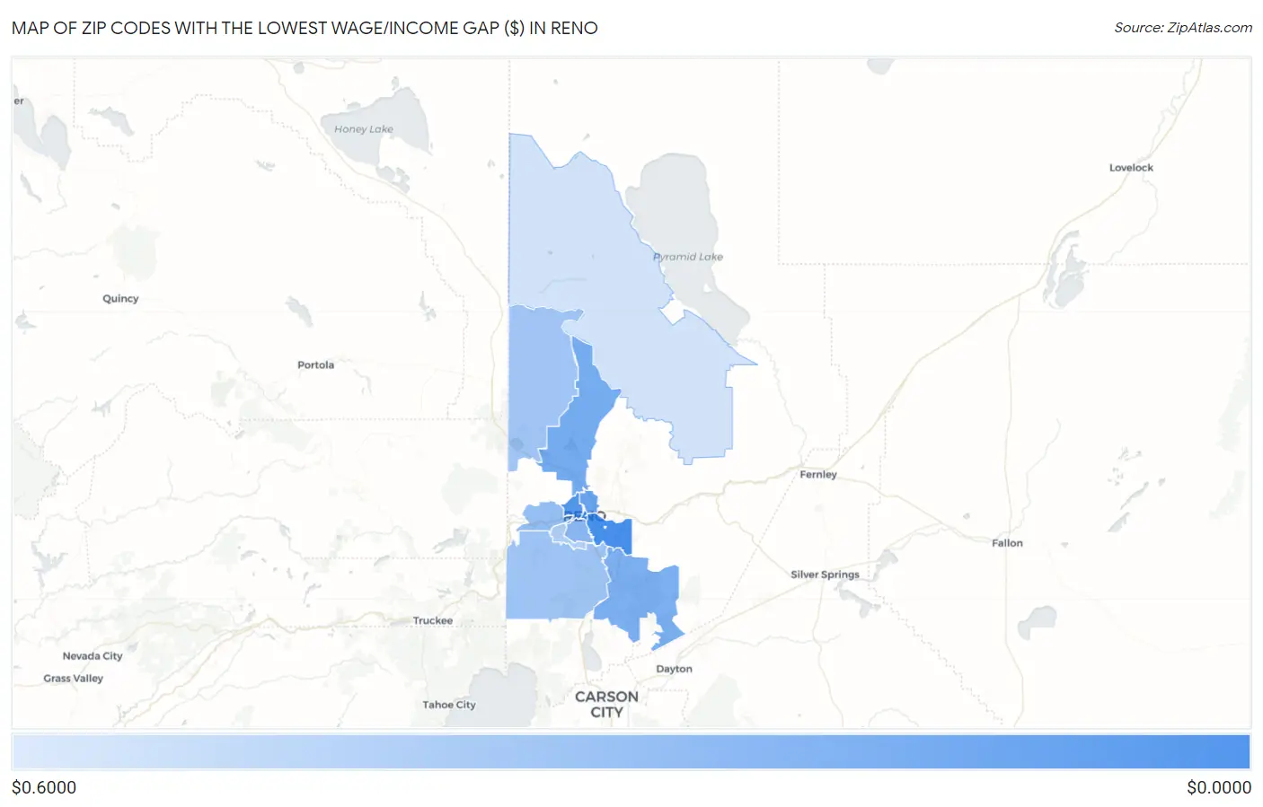 Zip Codes with the Lowest Wage/Income Gap ($) in Reno Map