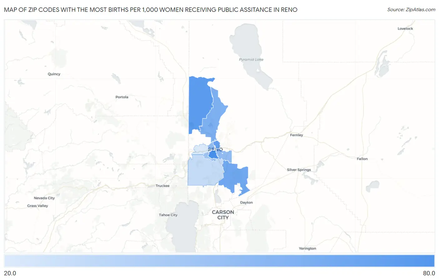 Zip Codes with the Most Births per 1,000 Women Receiving Public Assitance in Reno Map