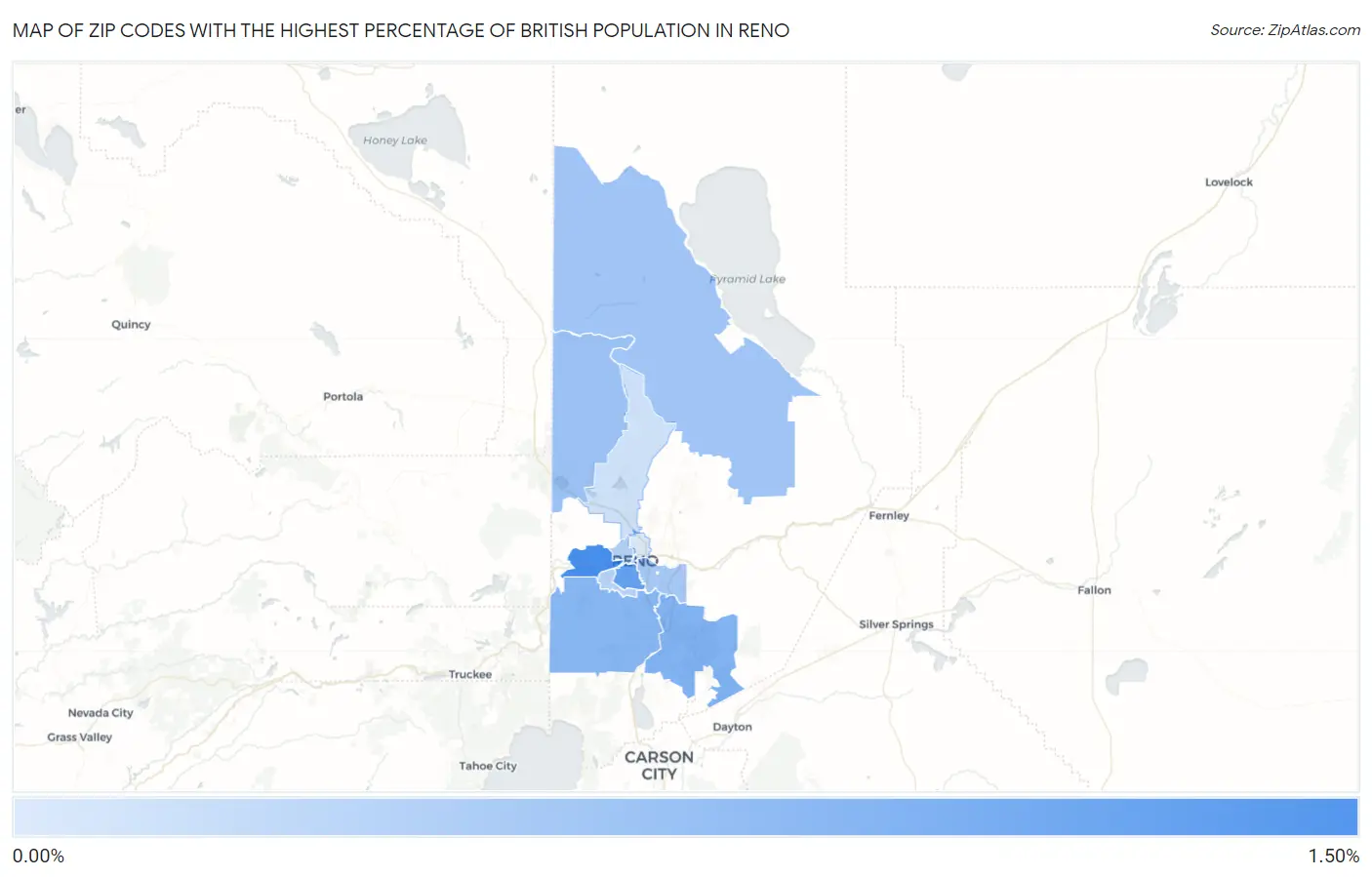 Zip Codes with the Highest Percentage of British Population in Reno Map