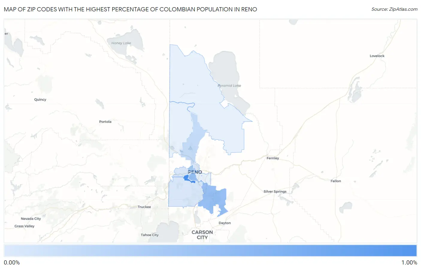 Zip Codes with the Highest Percentage of Colombian Population in Reno Map