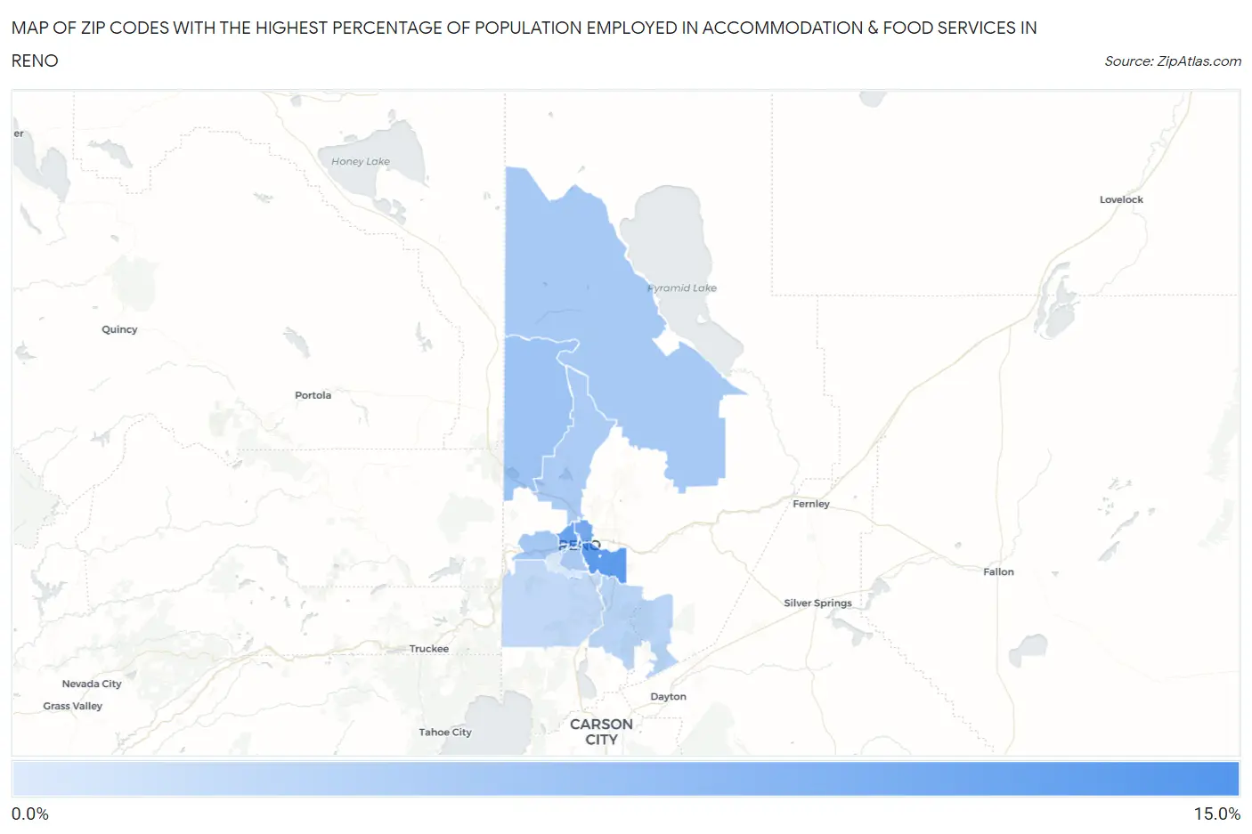 Zip Codes with the Highest Percentage of Population Employed in Accommodation & Food Services in Reno Map
