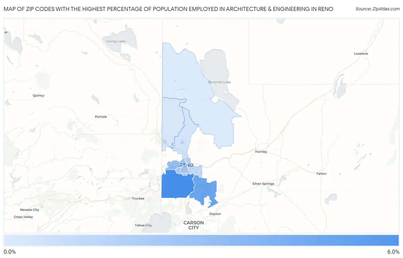 Zip Codes with the Highest Percentage of Population Employed in Architecture & Engineering in Reno Map