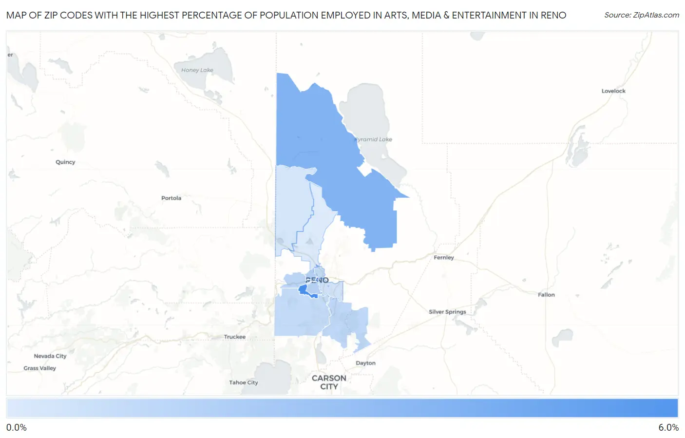 Zip Codes with the Highest Percentage of Population Employed in Arts, Media & Entertainment in Reno Map