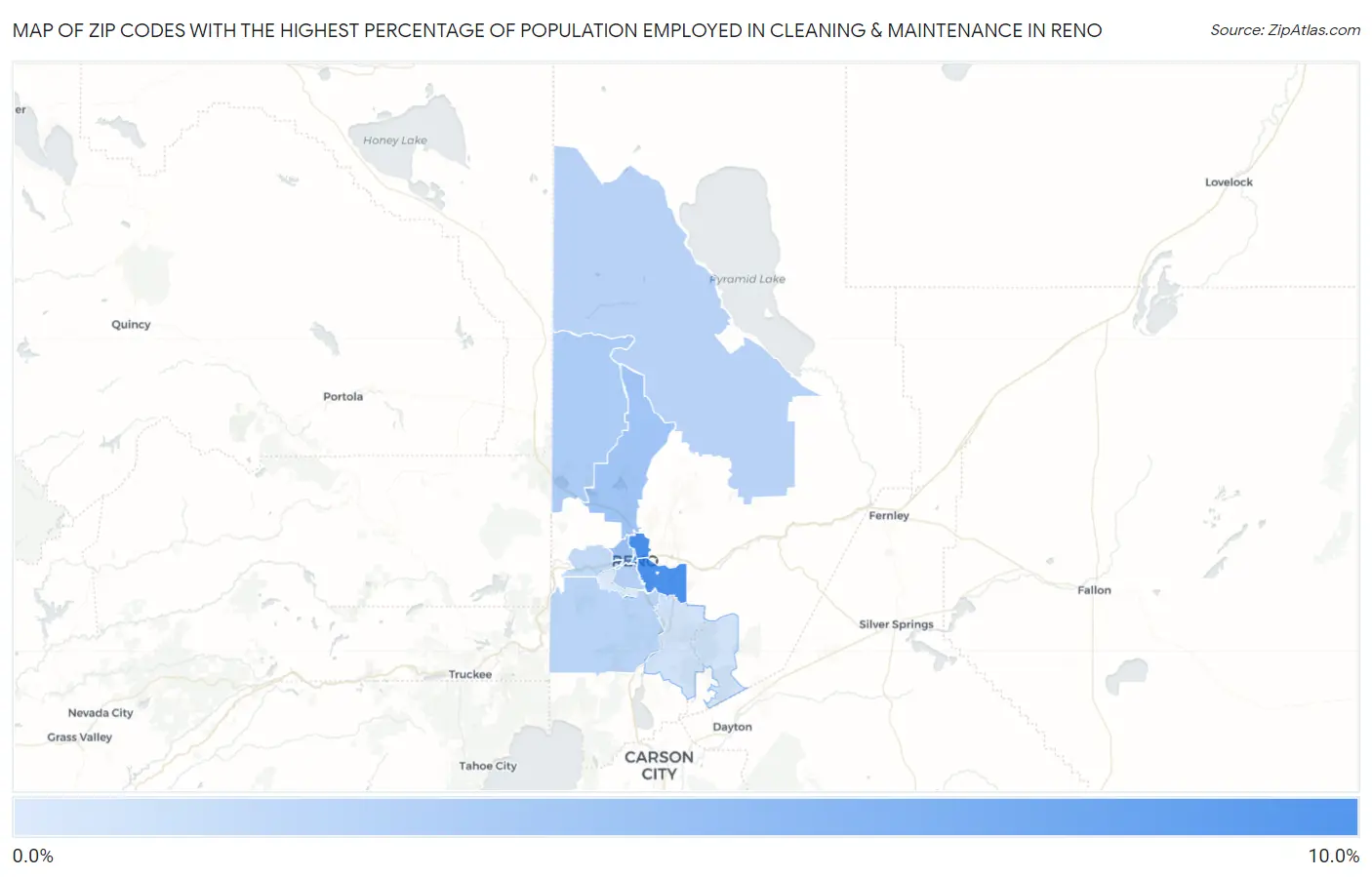 Zip Codes with the Highest Percentage of Population Employed in Cleaning & Maintenance in Reno Map