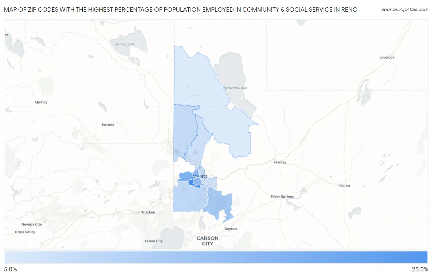 Zip Codes with the Highest Percentage of Population Employed in Community & Social Service  in Reno Map