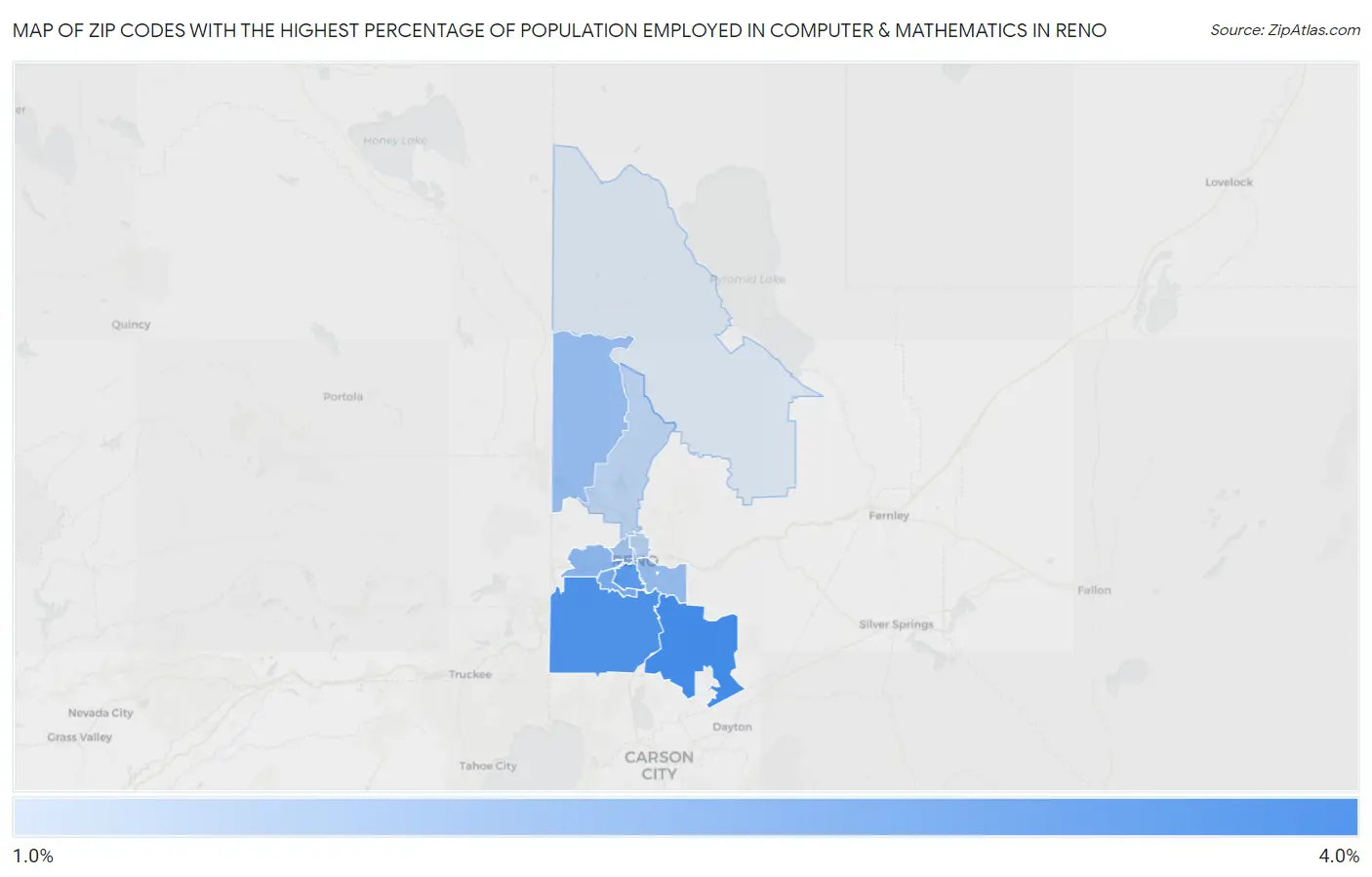Zip Codes with the Highest Percentage of Population Employed in Computer & Mathematics in Reno Map