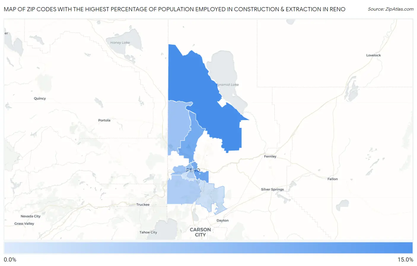 Zip Codes with the Highest Percentage of Population Employed in Construction & Extraction in Reno Map