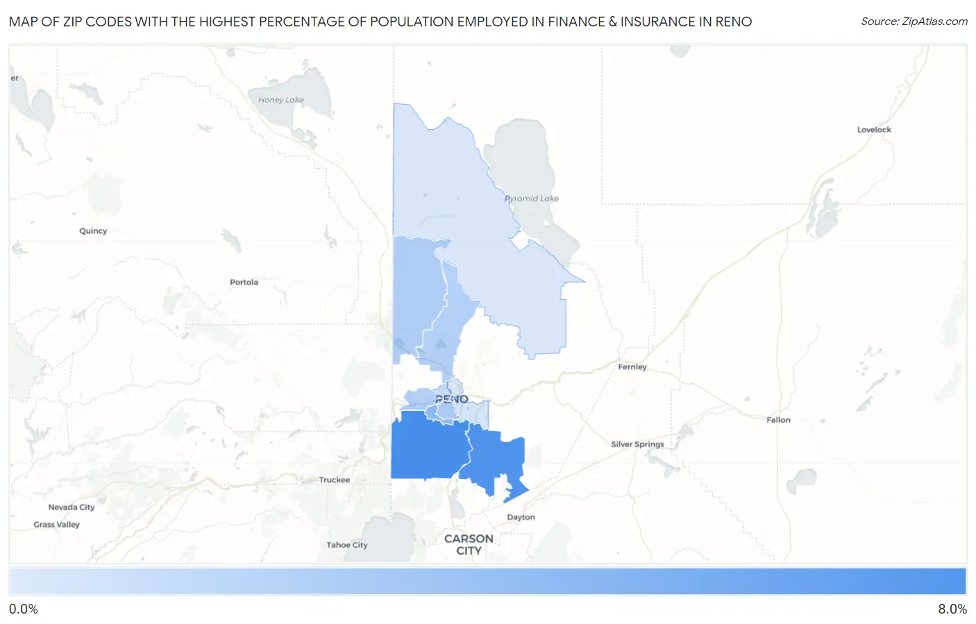 Zip Codes with the Highest Percentage of Population Employed in Finance & Insurance in Reno Map