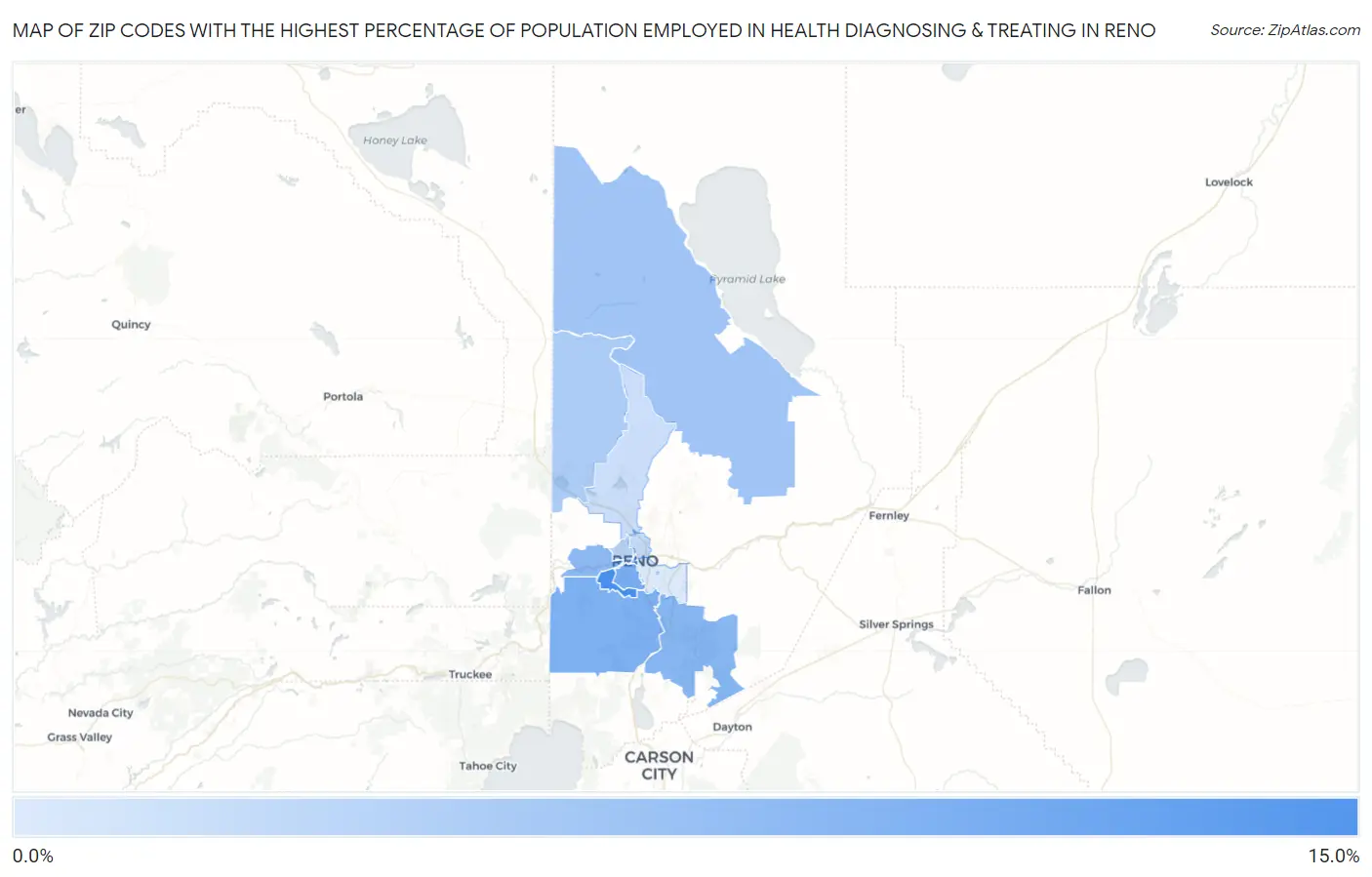 Zip Codes with the Highest Percentage of Population Employed in Health Diagnosing & Treating in Reno Map
