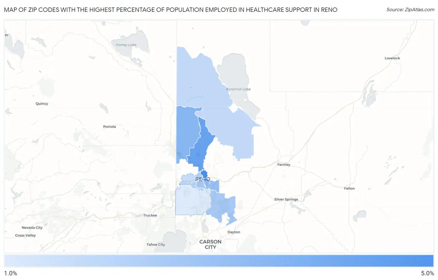 Zip Codes with the Highest Percentage of Population Employed in Healthcare Support in Reno Map