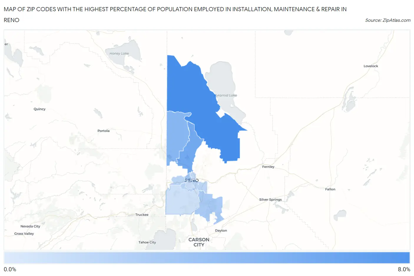 Zip Codes with the Highest Percentage of Population Employed in Installation, Maintenance & Repair in Reno Map