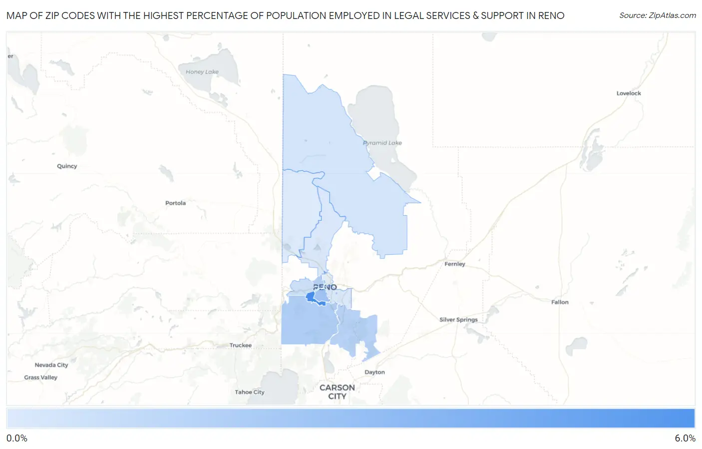 Zip Codes with the Highest Percentage of Population Employed in Legal Services & Support in Reno Map