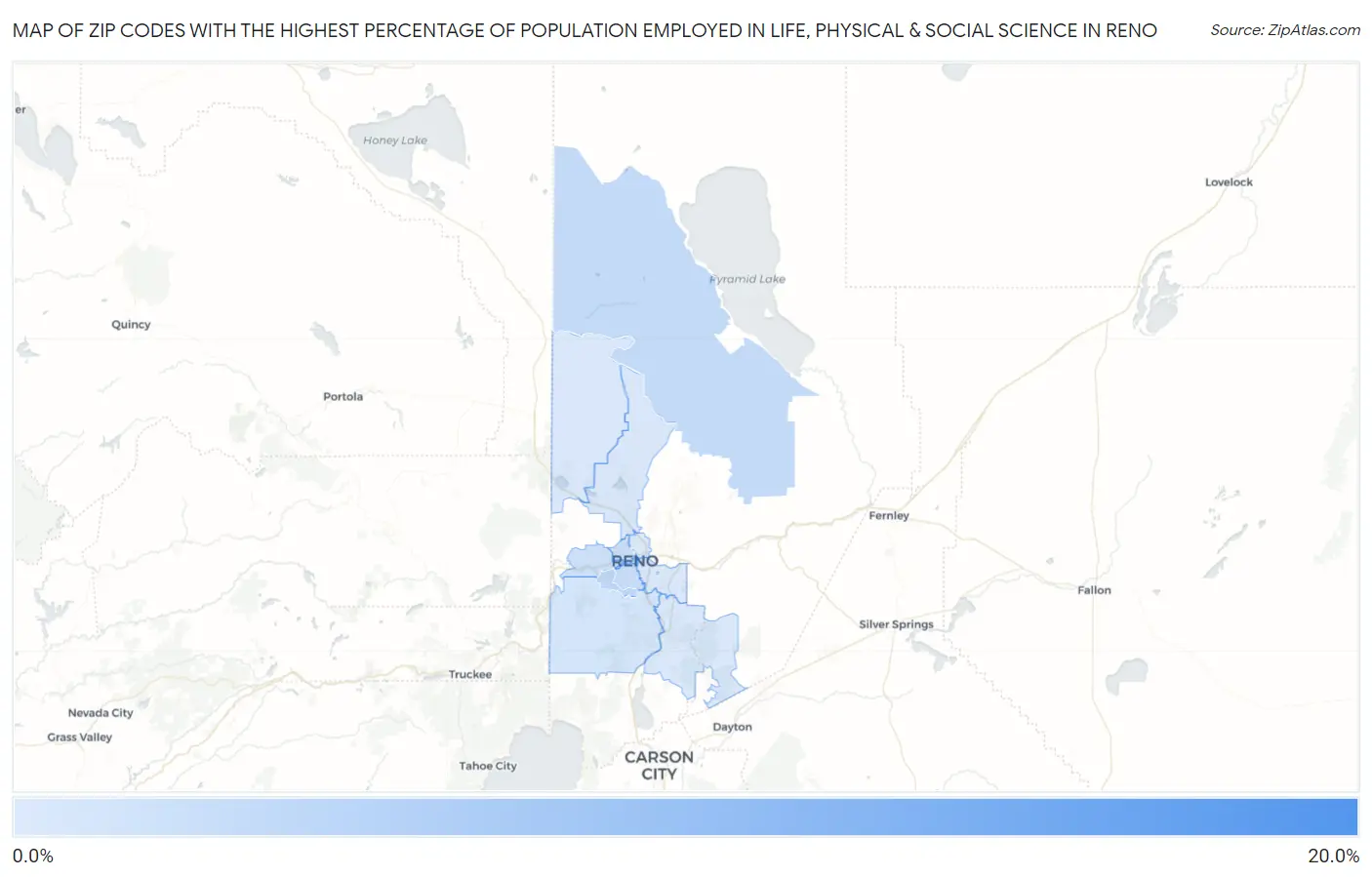 Zip Codes with the Highest Percentage of Population Employed in Life, Physical & Social Science in Reno Map