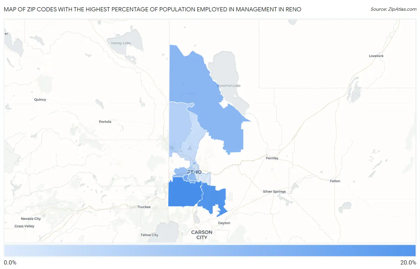 Zip Codes with the Highest Percentage of Population Employed in Management in Reno Map