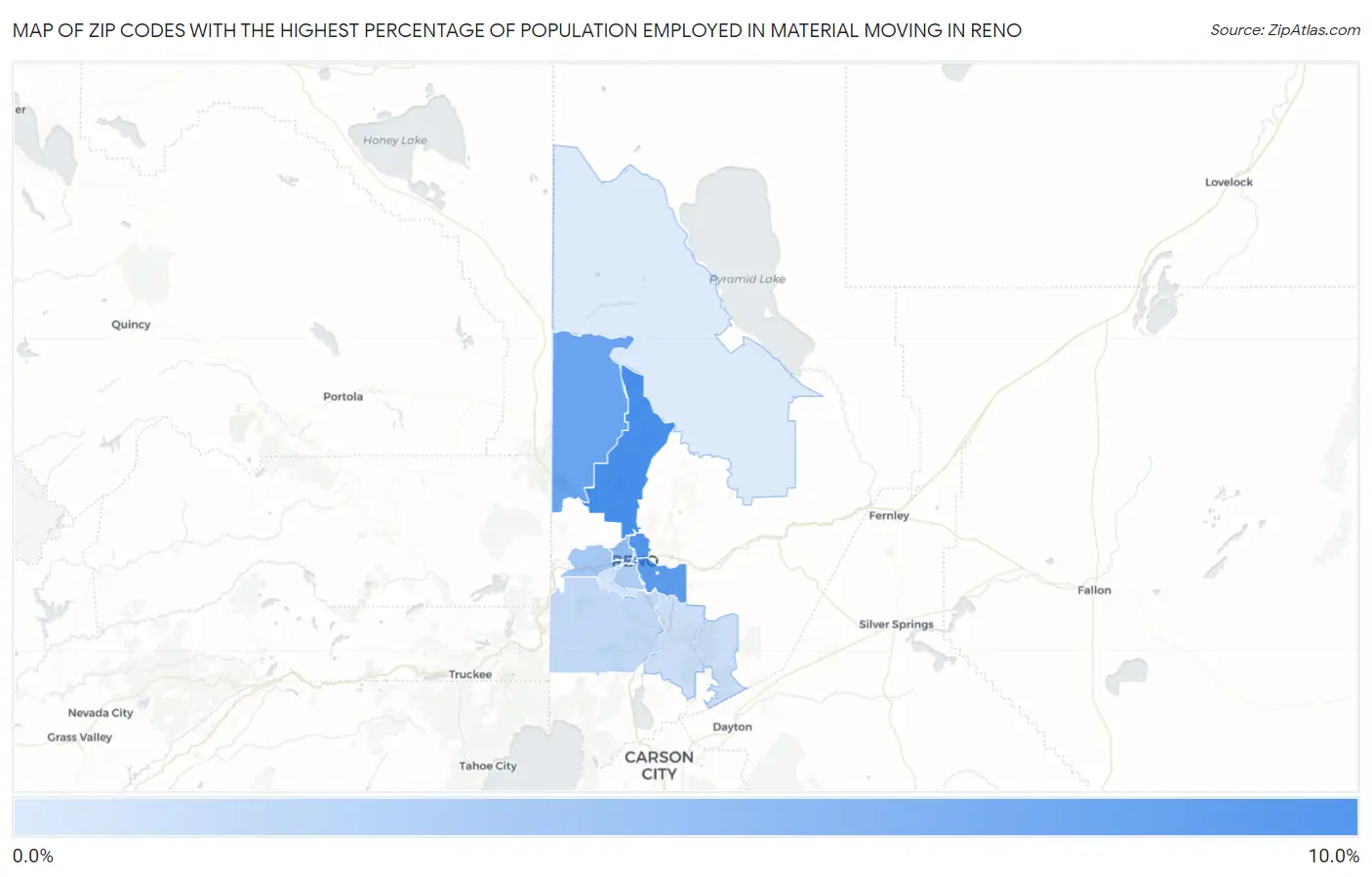 Zip Codes with the Highest Percentage of Population Employed in Material Moving in Reno Map