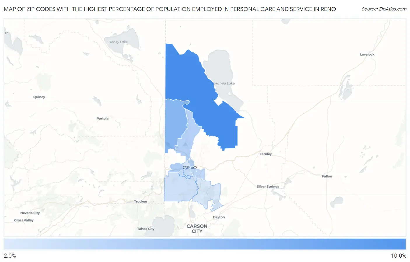 Zip Codes with the Highest Percentage of Population Employed in Personal Care and Service in Reno Map