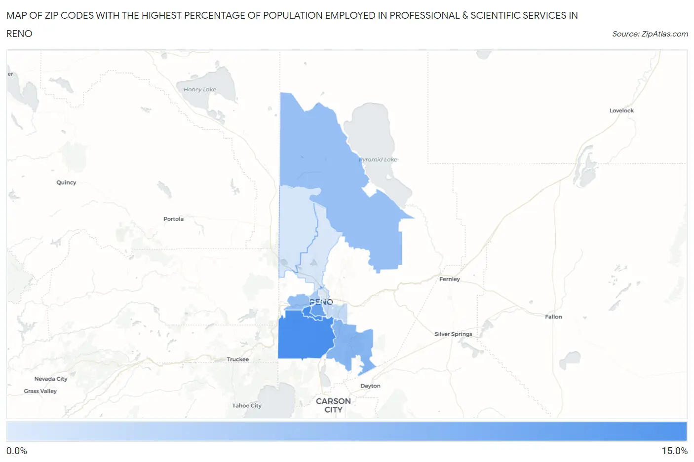 Zip Codes with the Highest Percentage of Population Employed in Professional & Scientific Services in Reno Map
