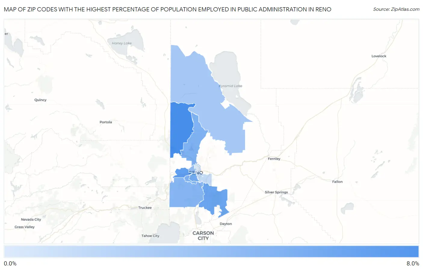 Zip Codes with the Highest Percentage of Population Employed in Public Administration in Reno Map