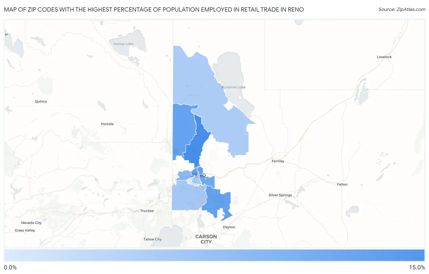 Zip Codes with the Highest Percentage of Population Employed in Retail Trade in Reno Map