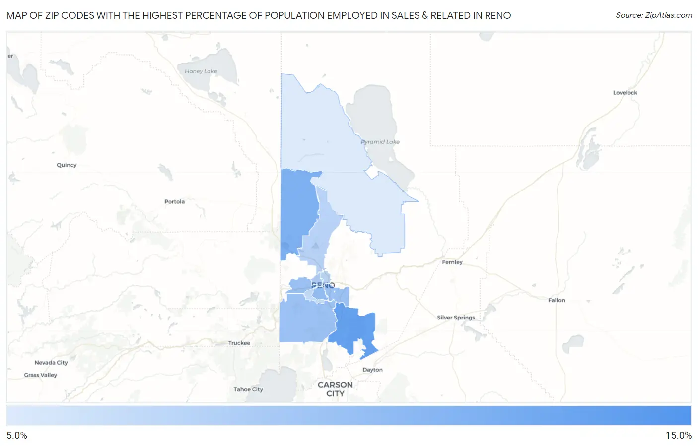 Zip Codes with the Highest Percentage of Population Employed in Sales & Related in Reno Map